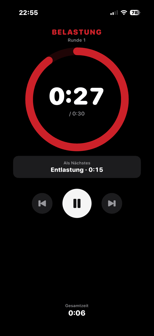 Laufende Belastungsphase: roter Ring, 0:27 von 0:30 verbleibend, darunter die Vorschau auf die Entlastung.