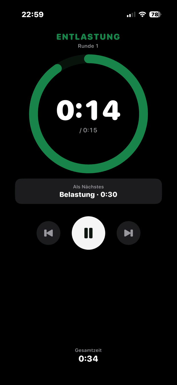 Laufende Entlastungsphase: grüner Ring, 0:14 von 0:15 verbleibend, darunter die Vorschau auf die nächste Belastung.